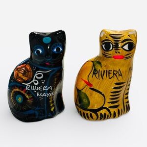 Vintage Mexican Folk Art Pottery Cats - Set of 2 - Hand Painted Riviera Maya